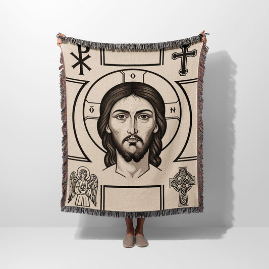 Tapestry featuring Jesus' face, angels, Celtic cross, and Christian symbols.