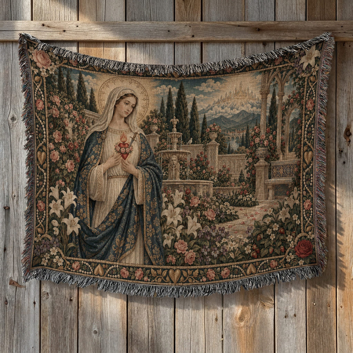 Woven tapestry blanket depicting the Virgin Mary in a garden, hanging against a wooden wall.