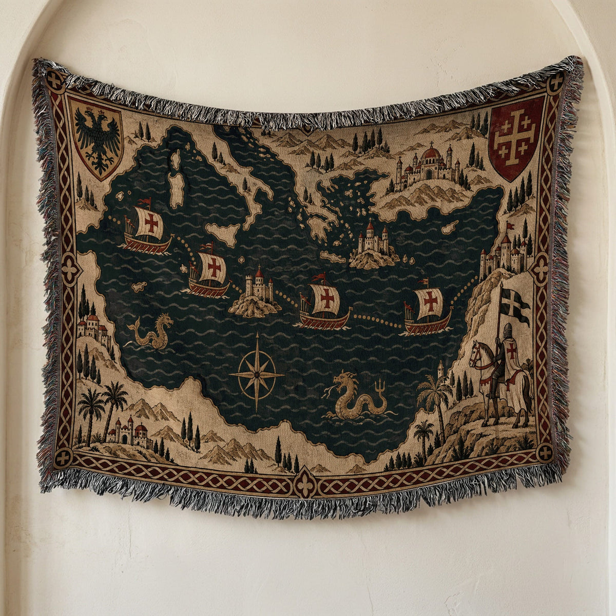 CalmNestStyle Crusader Sea Route Map I Eagle and Jerusalem Shields jacquard woven blanket