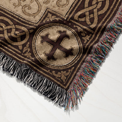 MyDesigns Medieval Tapestry Blanket – Non Nobis Domine Jerusalem Cross Woven Throw, Parchment Gold jacquard woven blanket