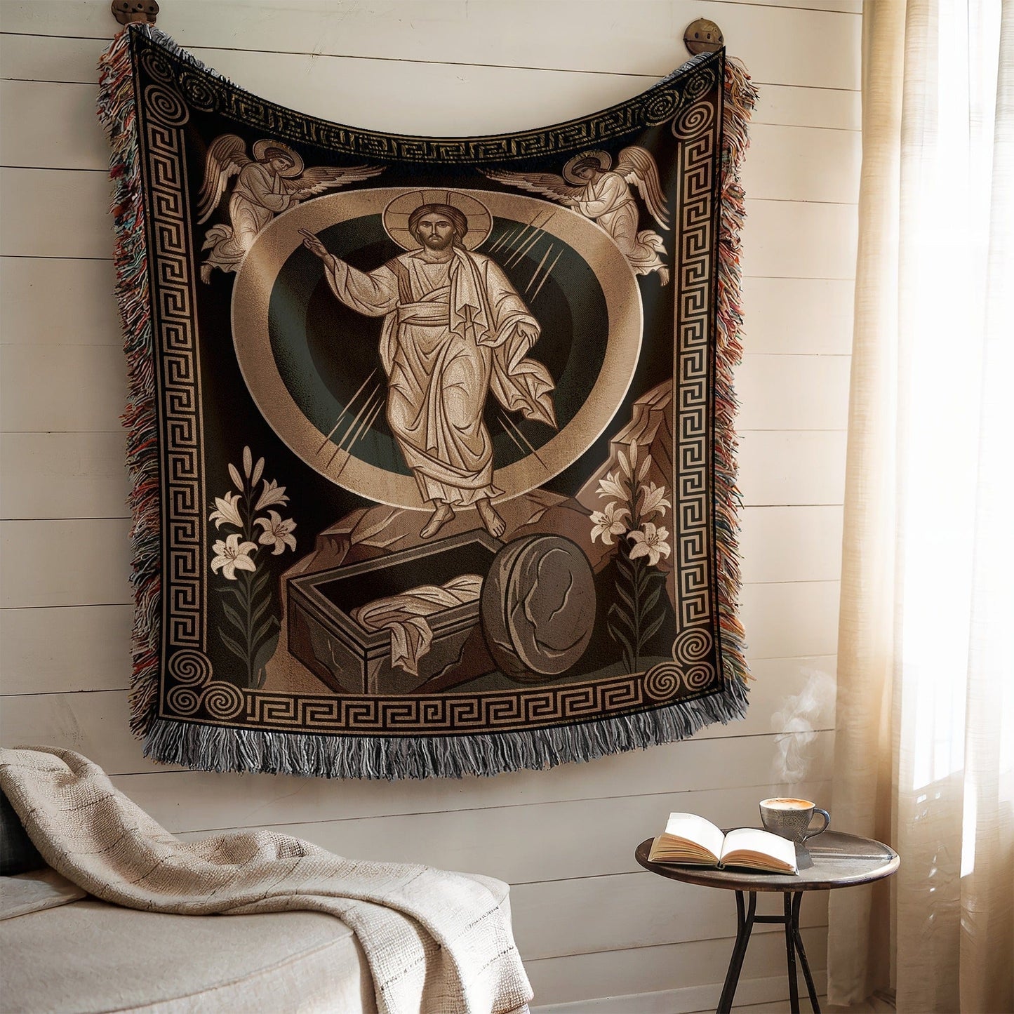 Resurrection Tapestry with Greek Key Pattern Decor
