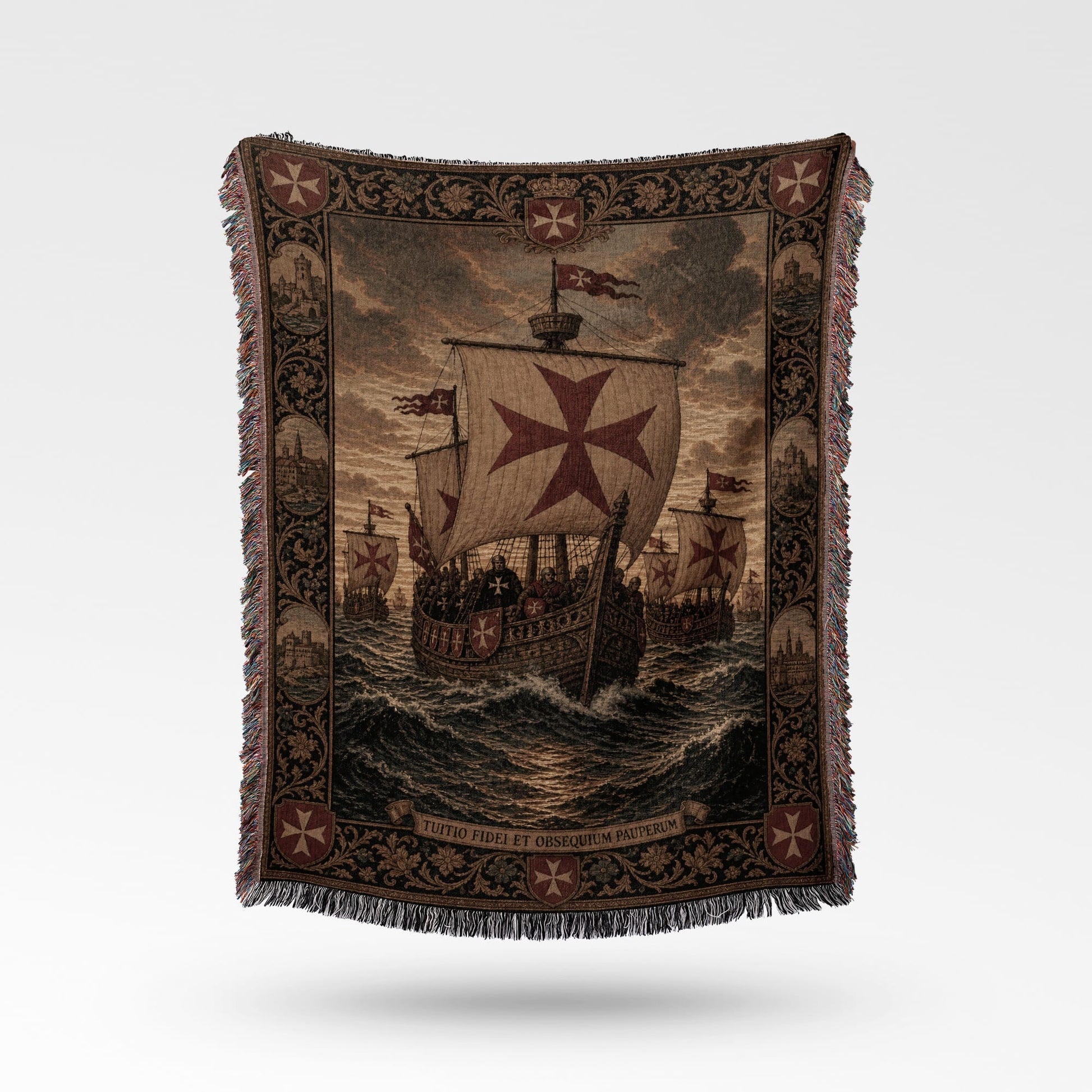 Tapestry with Knights Templar ship, historical scene, and intricate border.