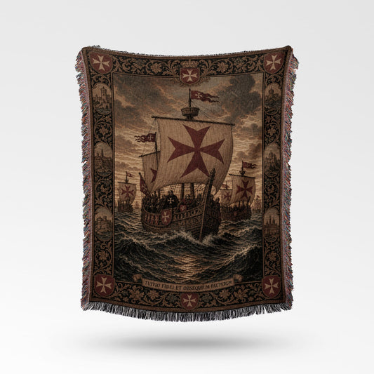 Tapestry with Knights Templar ship, historical scene, and intricate border.