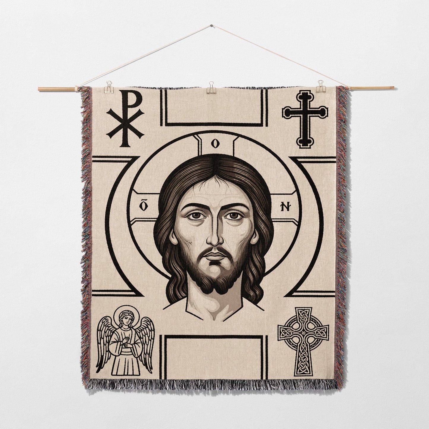 Jesus Christ icon tapestry with Greek letters and Celtic cross.