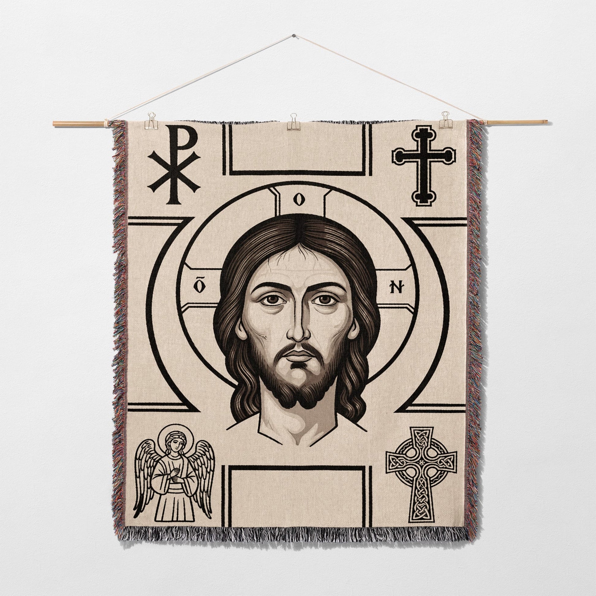 Jesus Christ icon tapestry with Greek letters and Celtic cross.