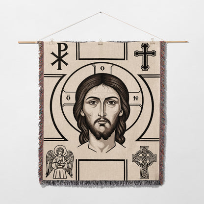Jesus Christ icon tapestry with Greek letters and Celtic cross.