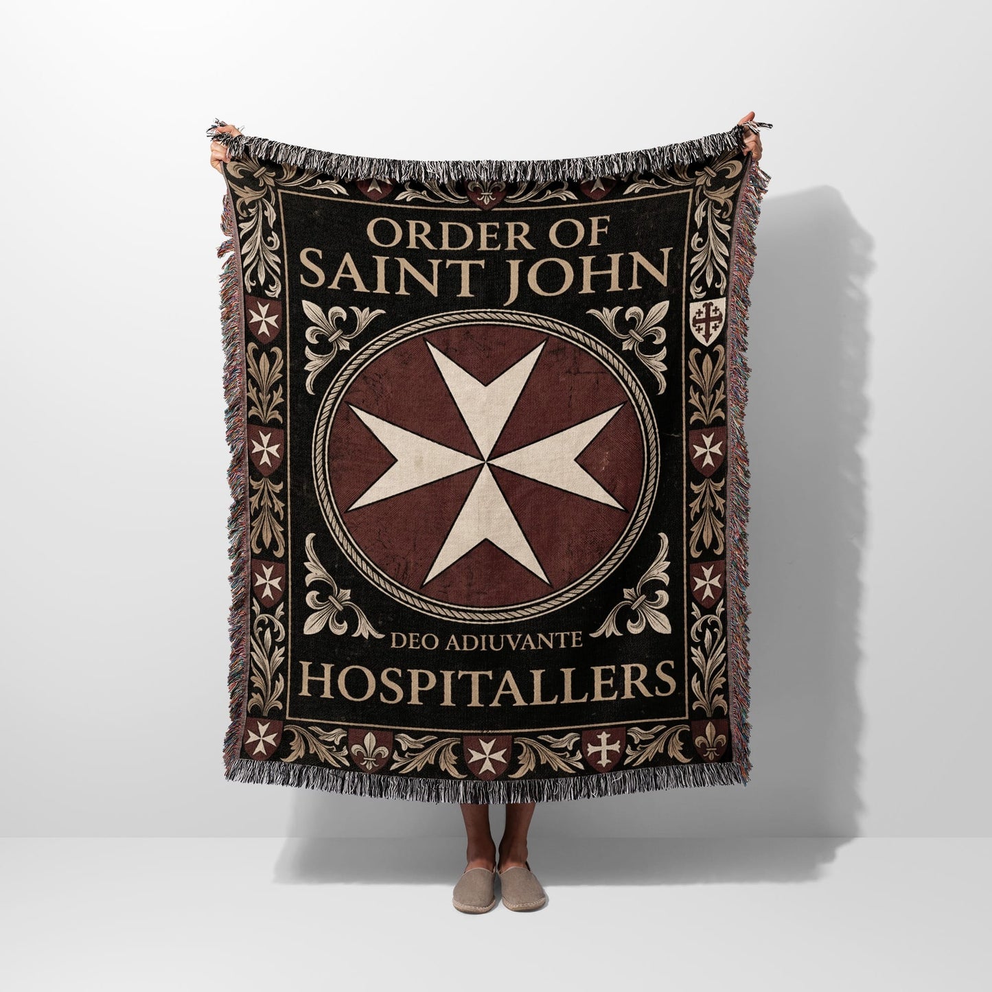 Black blanket with Order of Saint John emblem and "Deo Adiuvante" text.