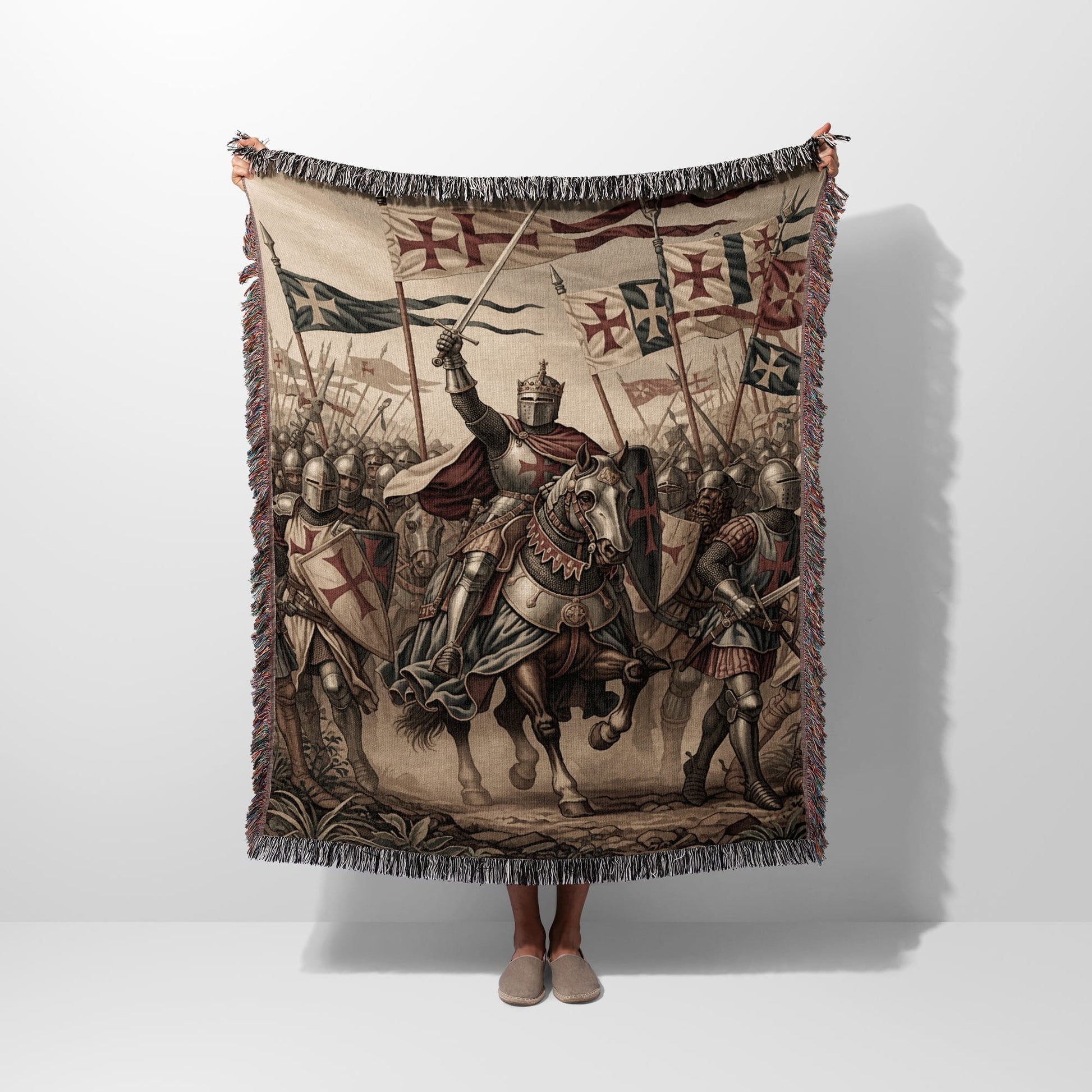 Knights in armor on horseback, holding swords and shields, with flags.