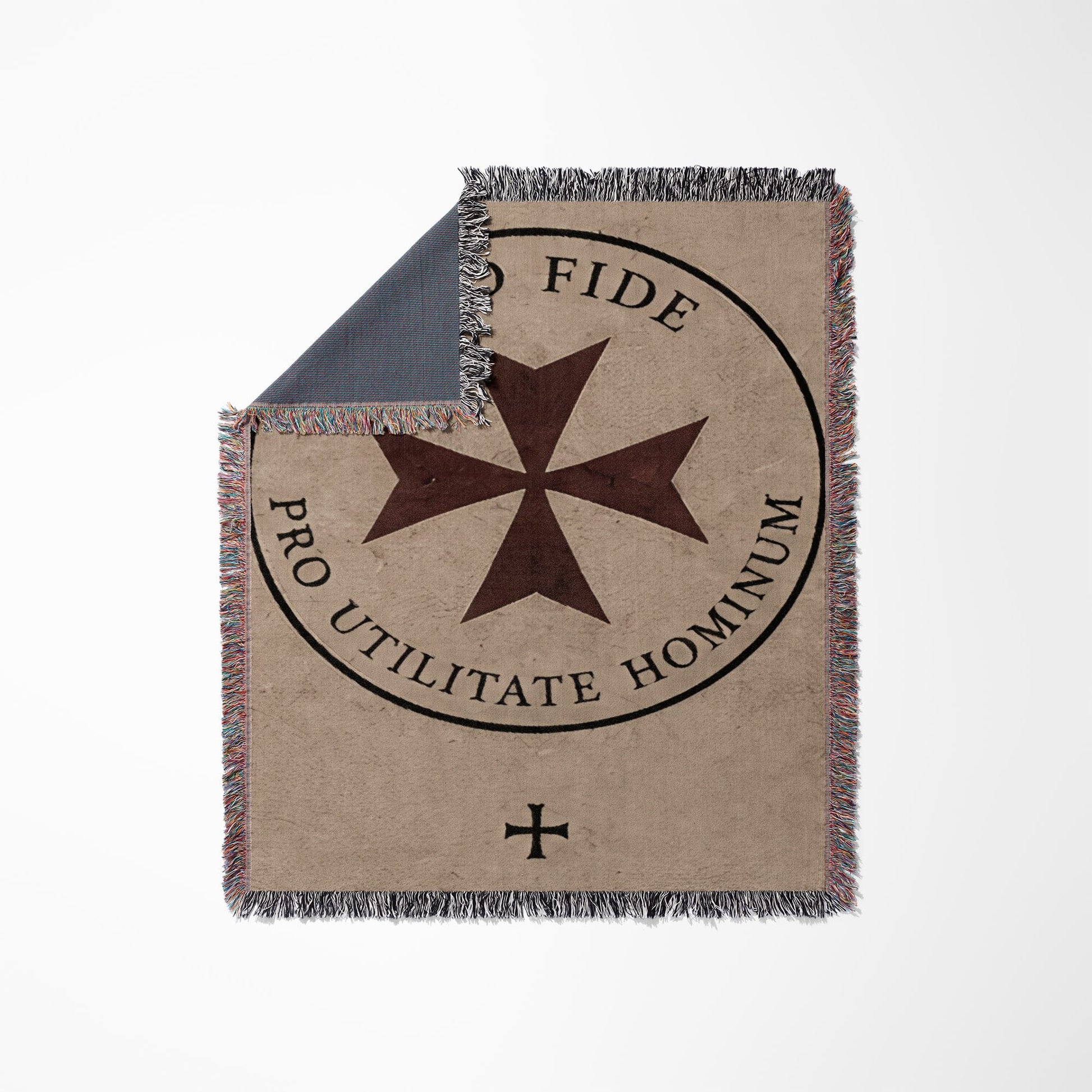 Tapestry with Maltese cross and Latin text "Pro Fide Utilitate Hominum".