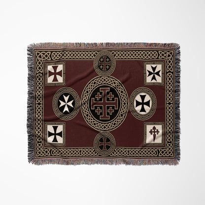 MyDesigns Medieval Wall Hanging Blanket – Red Jerusalem Cross Medallion, Crusader Orders jacquard woven blanket