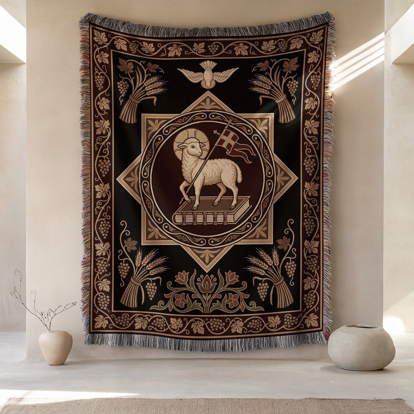 Ornate Tapestry with Lamb and Cross Design for Home Decor