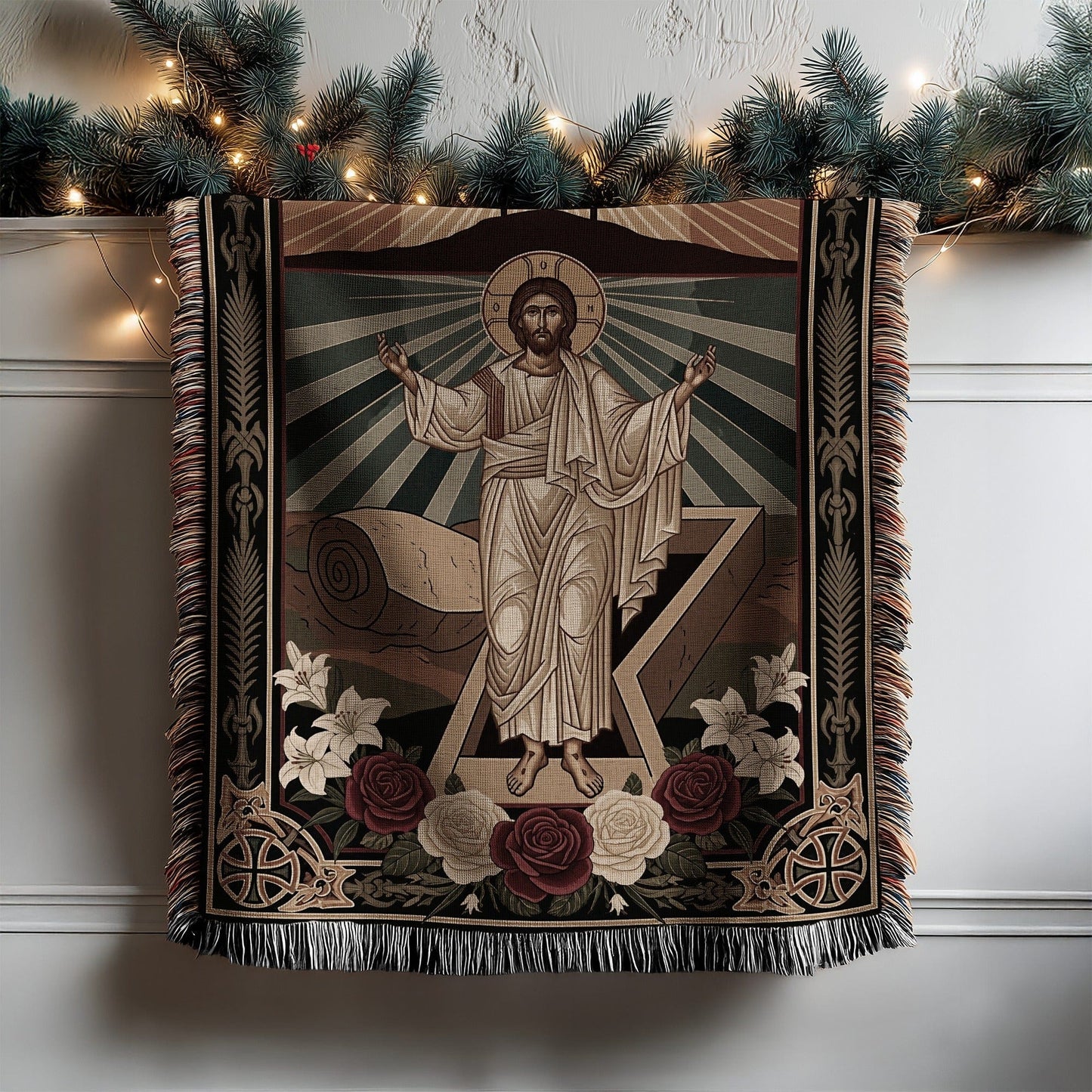 Stunning Jesus Resurrection Tapestry with Floral Accents