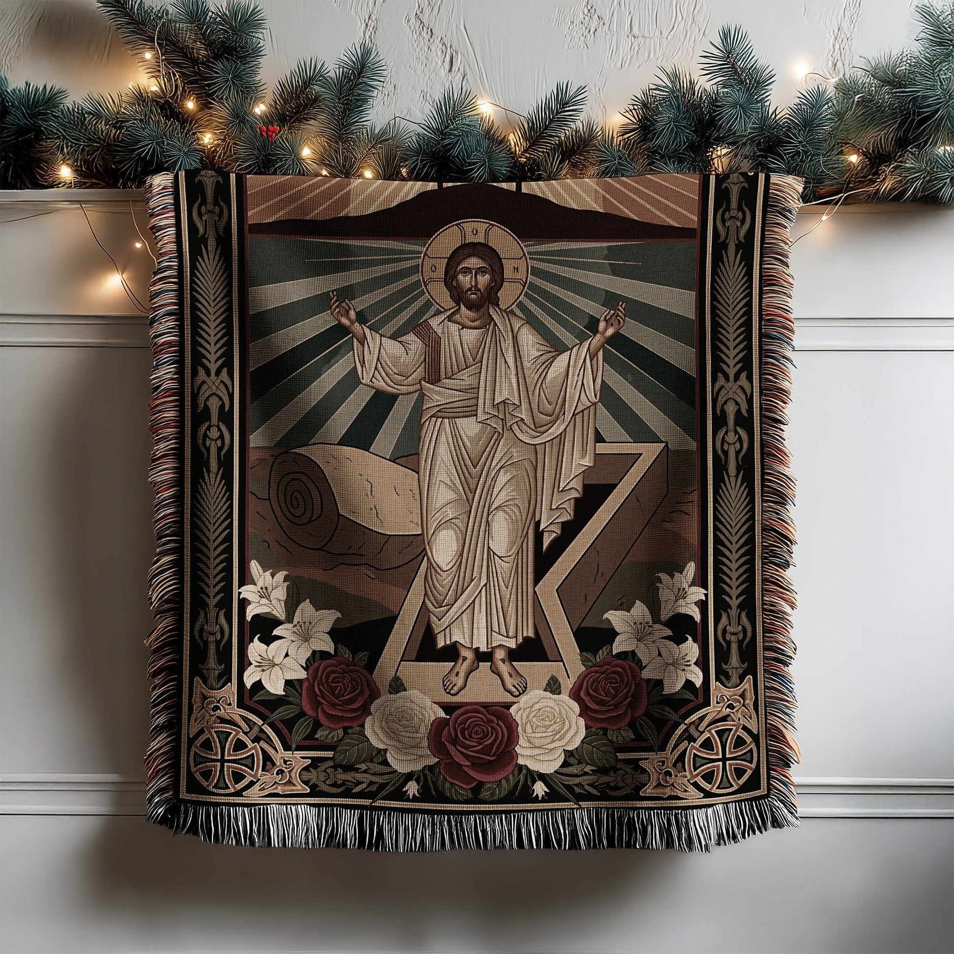 Stunning Jesus Resurrection Tapestry with Floral Accents