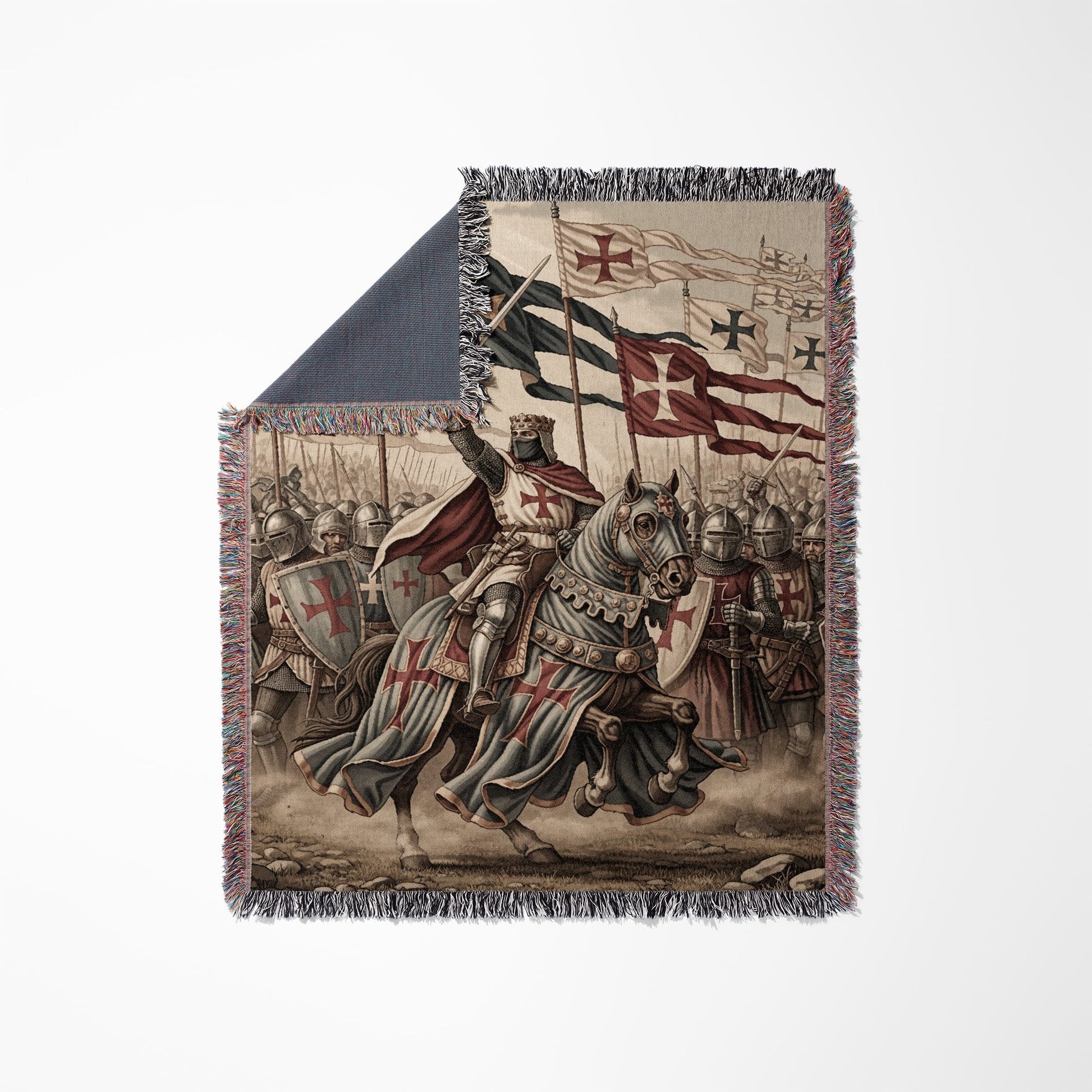 Knight in armor on horseback leads army with Templar flags.