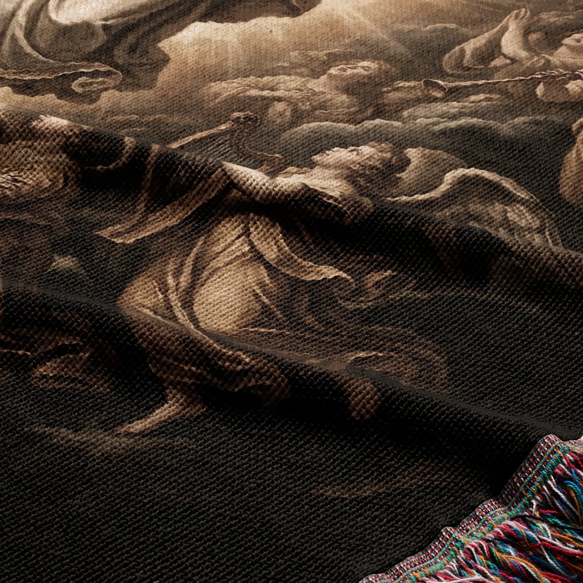 Tapestry with angels and celestial figures in a sepia-toned, ornate design.