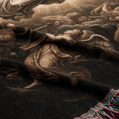 Tapestry with angels and celestial figures in a sepia-toned, ornate design.