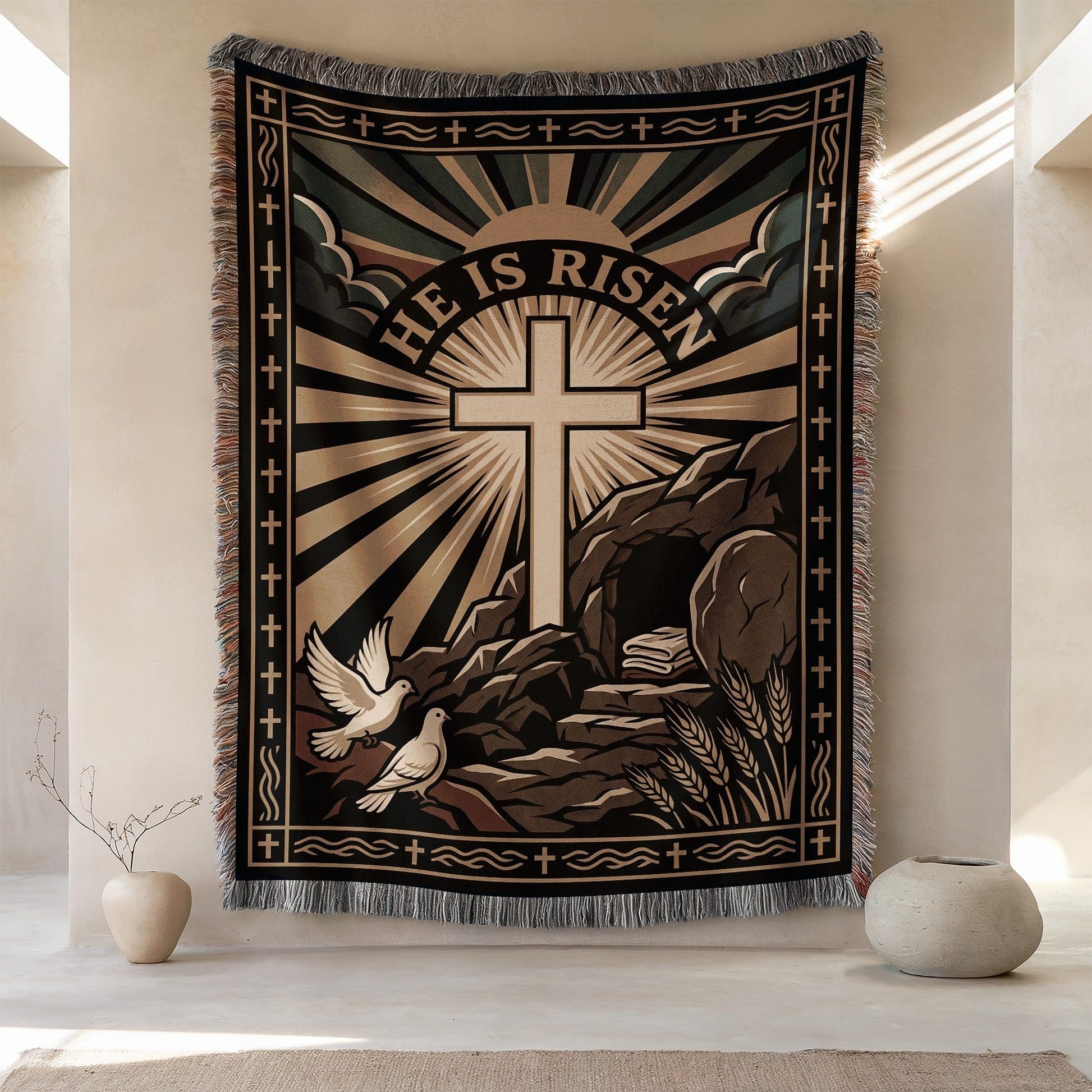 He Is Risen Religious Art Blanket with Cross Design