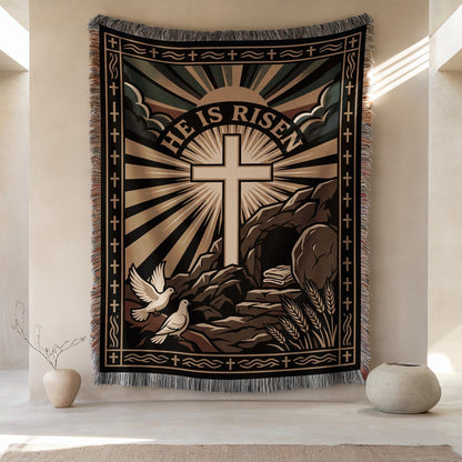He Is Risen Religious Art Blanket with Cross Design