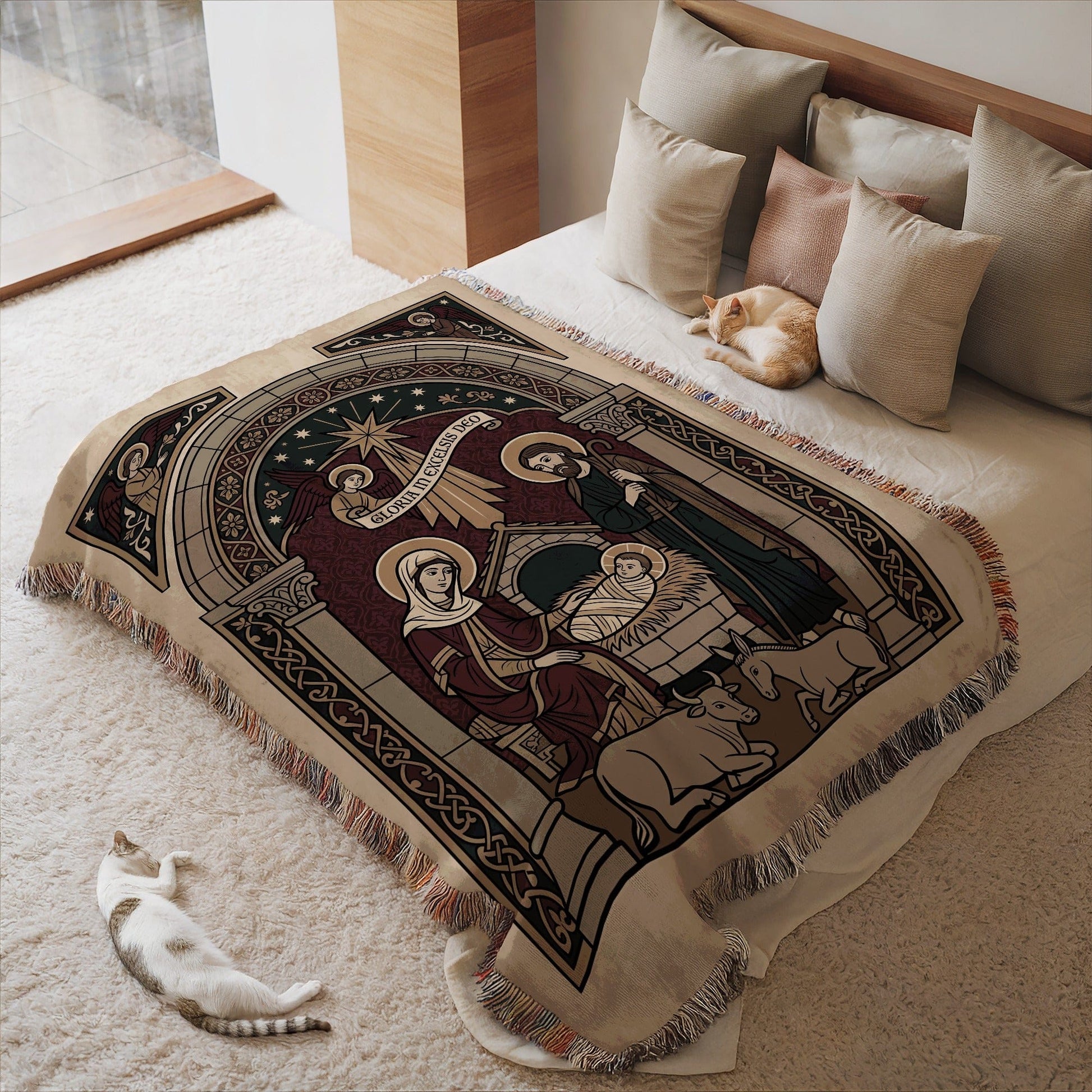 Nativity Scene Blanket with Decorative Fringe Design