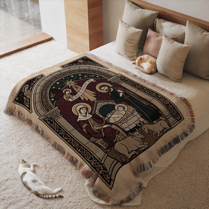 Nativity Scene Blanket with Decorative Fringe Design