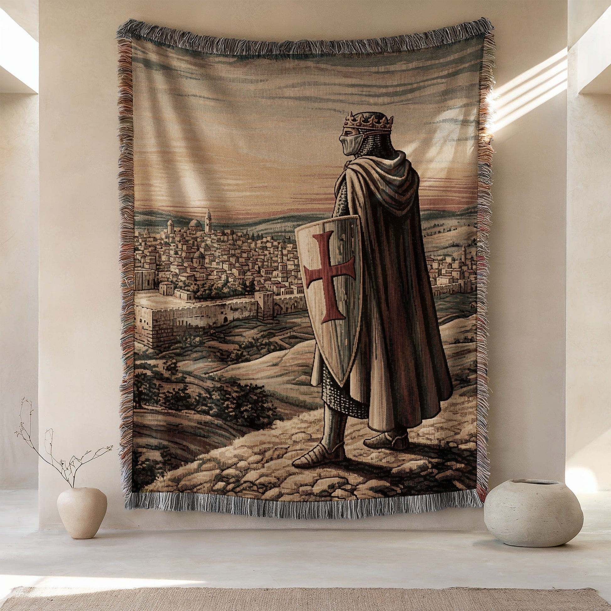 Medieval Knight Overlooking City Tapestry Blanket
