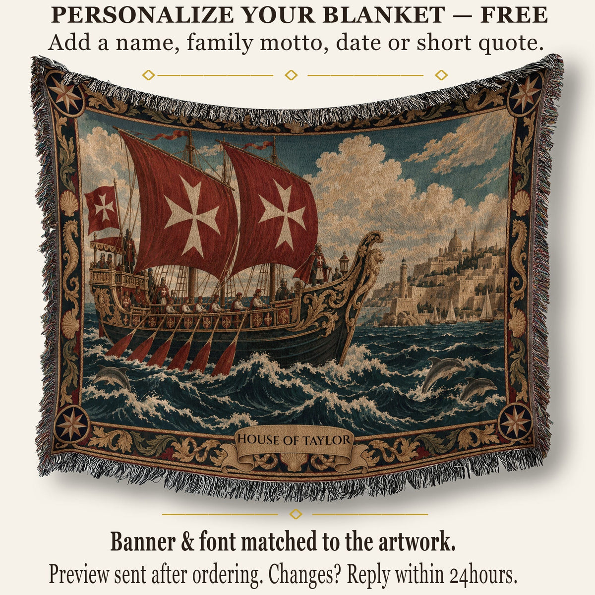 CalmNestStyle Knights of Malta Galleon with Red Cross Sails Woven Blanket jacquard woven blanket