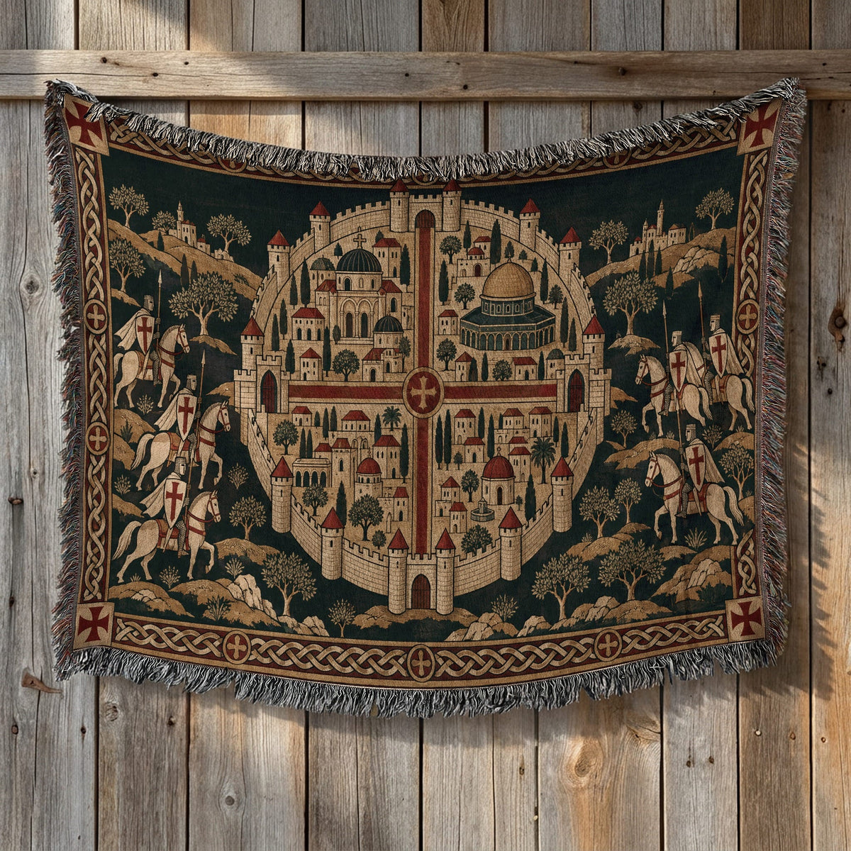 CalmNestStyle Crusader Jerusalem Round Map I Green Hills jacquard woven blanket