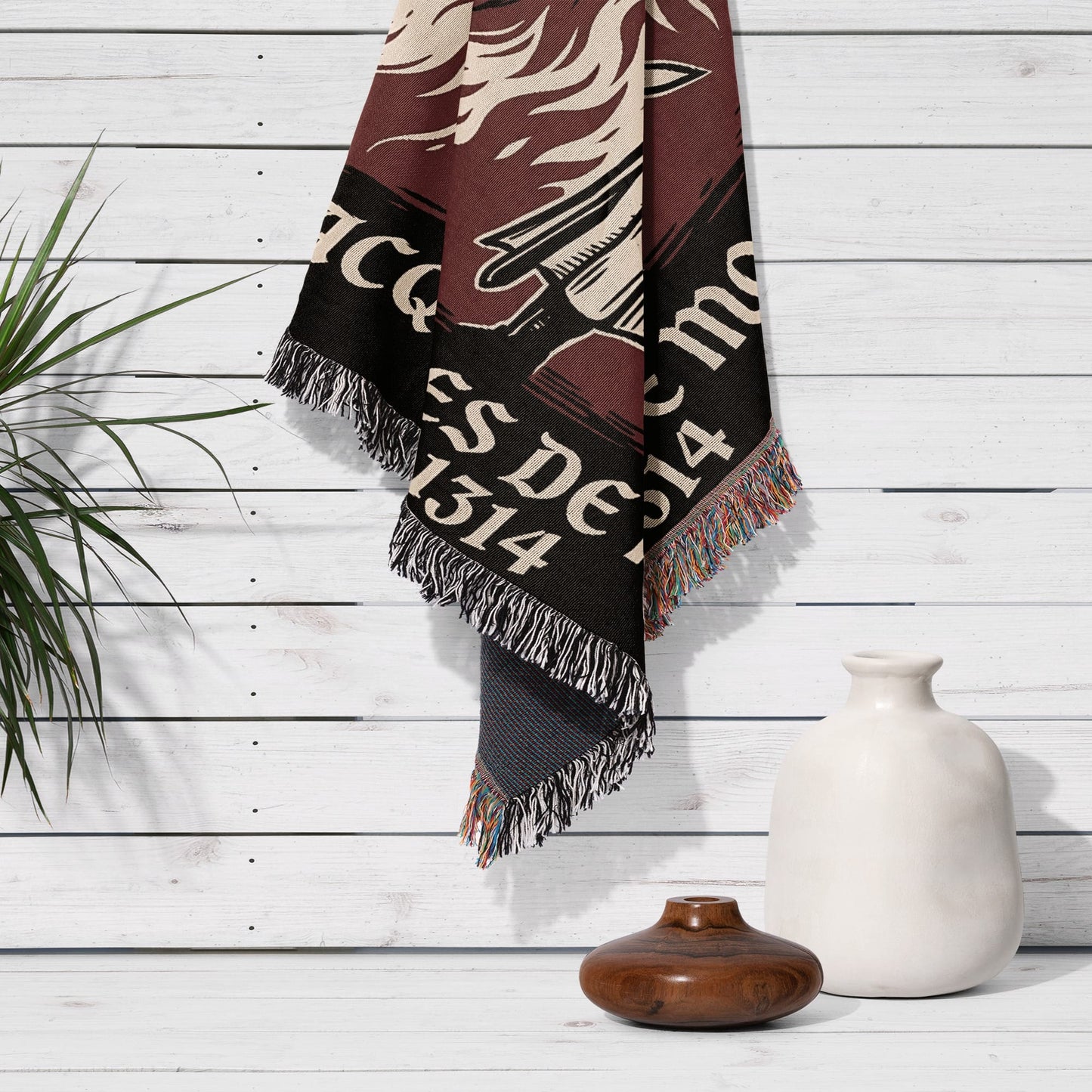 Brown and cream tapestry with "ACCO MC DESS DE 1314" text.