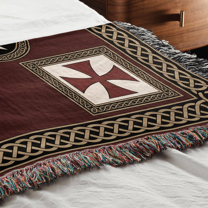 MyDesigns Medieval Tapestry Woven Throw – Burgundy Jerusalem Cross Medallion Blanket jacquard woven blanket
