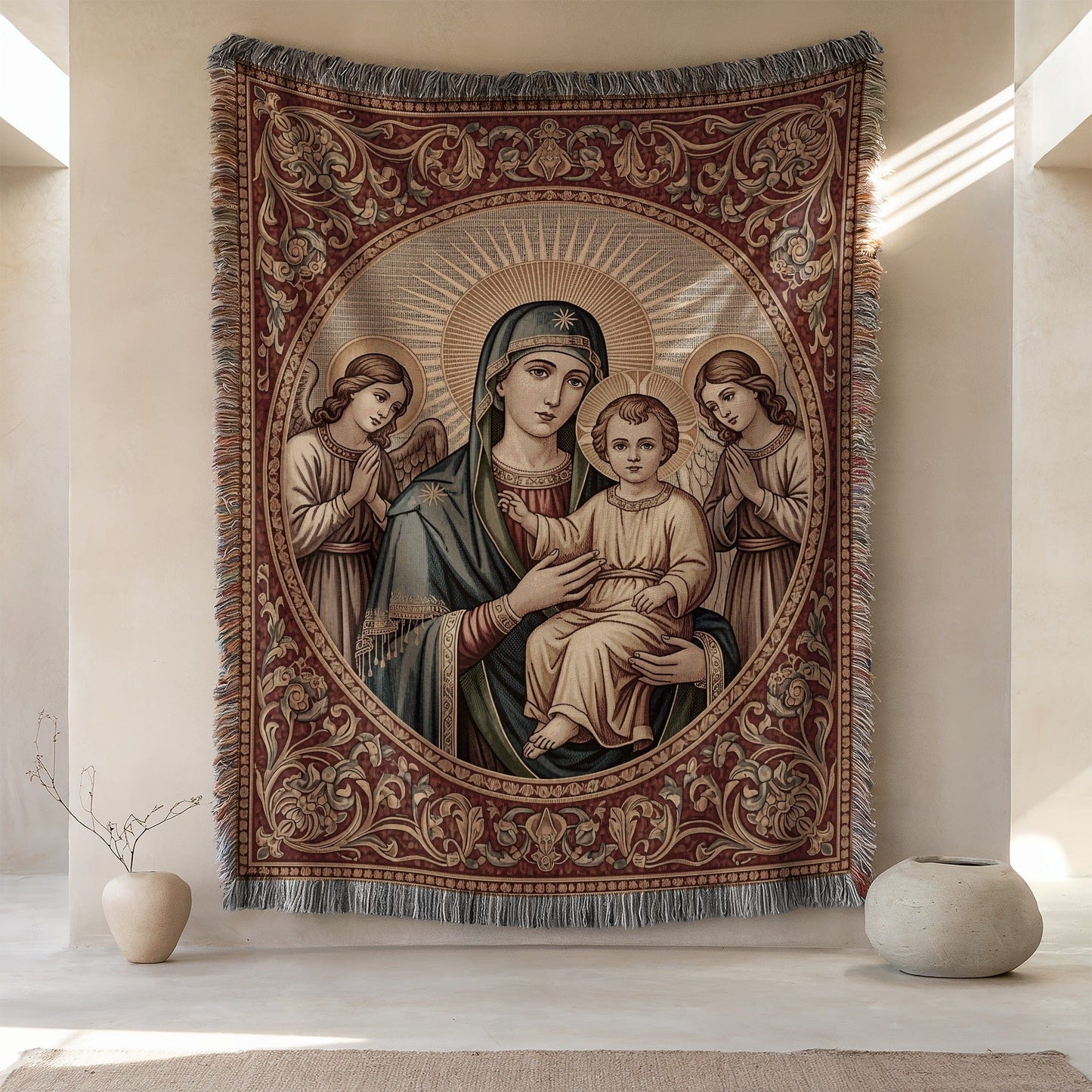 Intricate Religious Tapestry with Saintly Figures