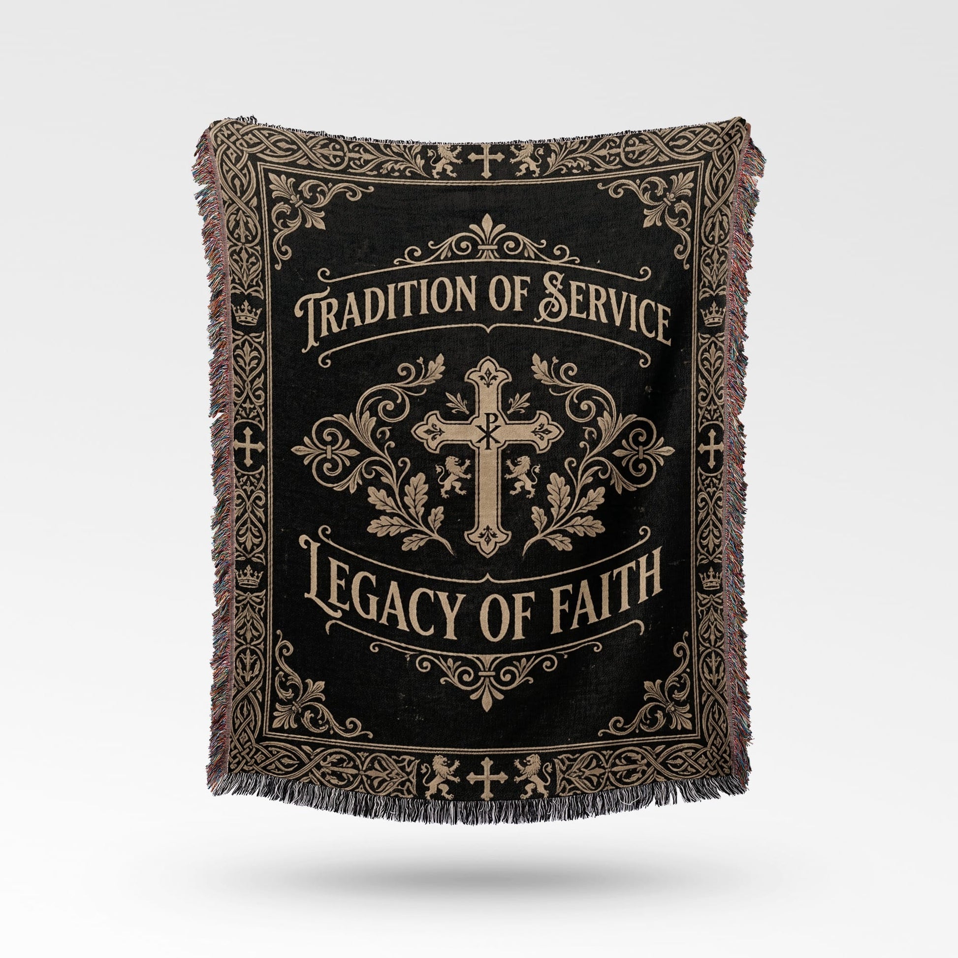 Black woven blanket with "Tradition of Service, Legacy of Faith" and a cross emblem.