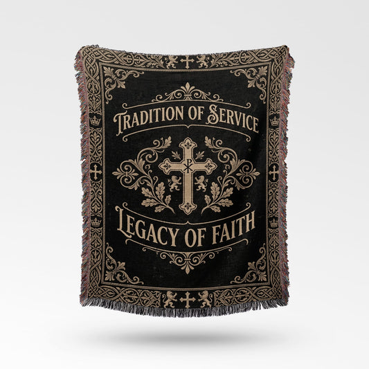 Black woven blanket with "Tradition of Service, Legacy of Faith" and a cross emblem.