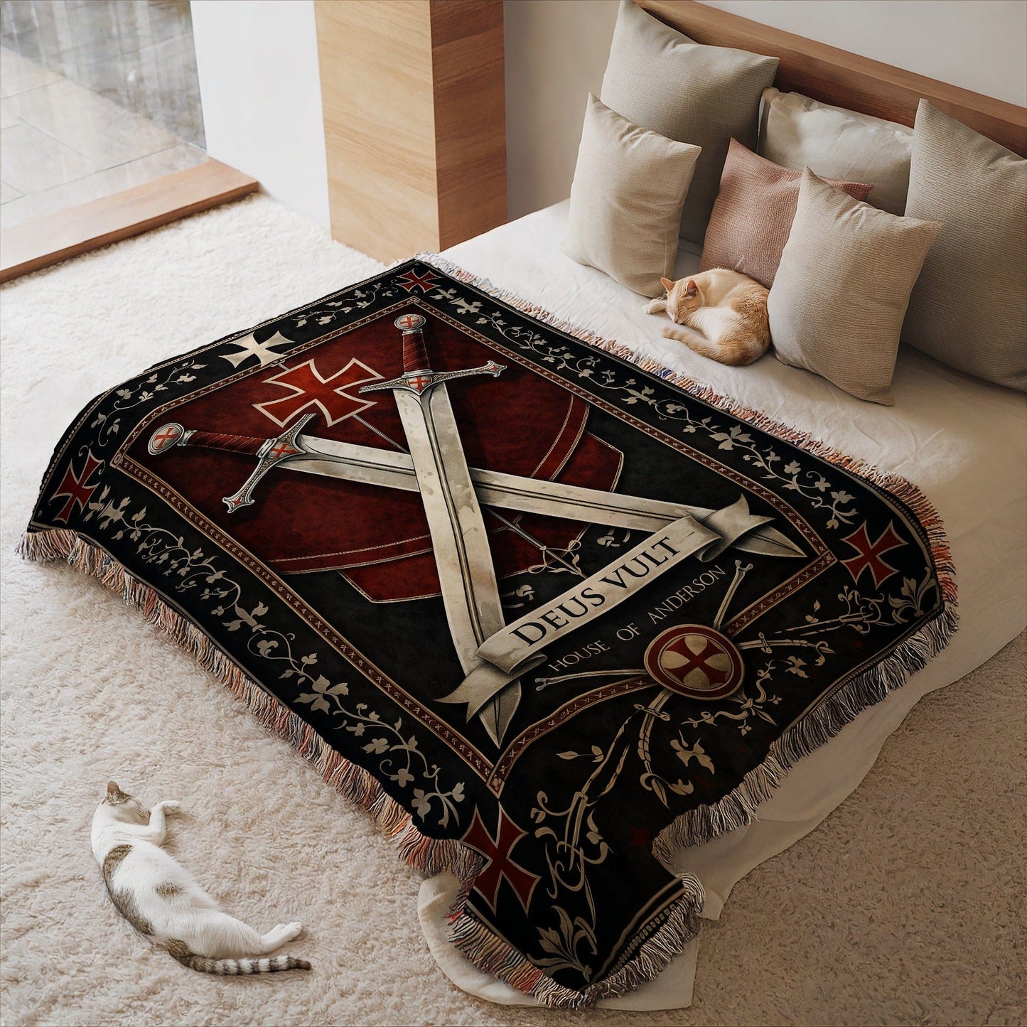 Medieval Crusader Sword Rug with Deus Vult Design