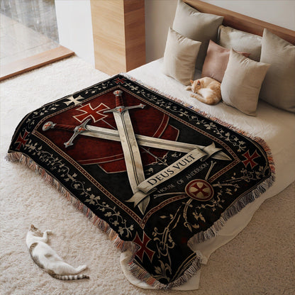 Medieval Crusader Sword Rug with Deus Vult Design