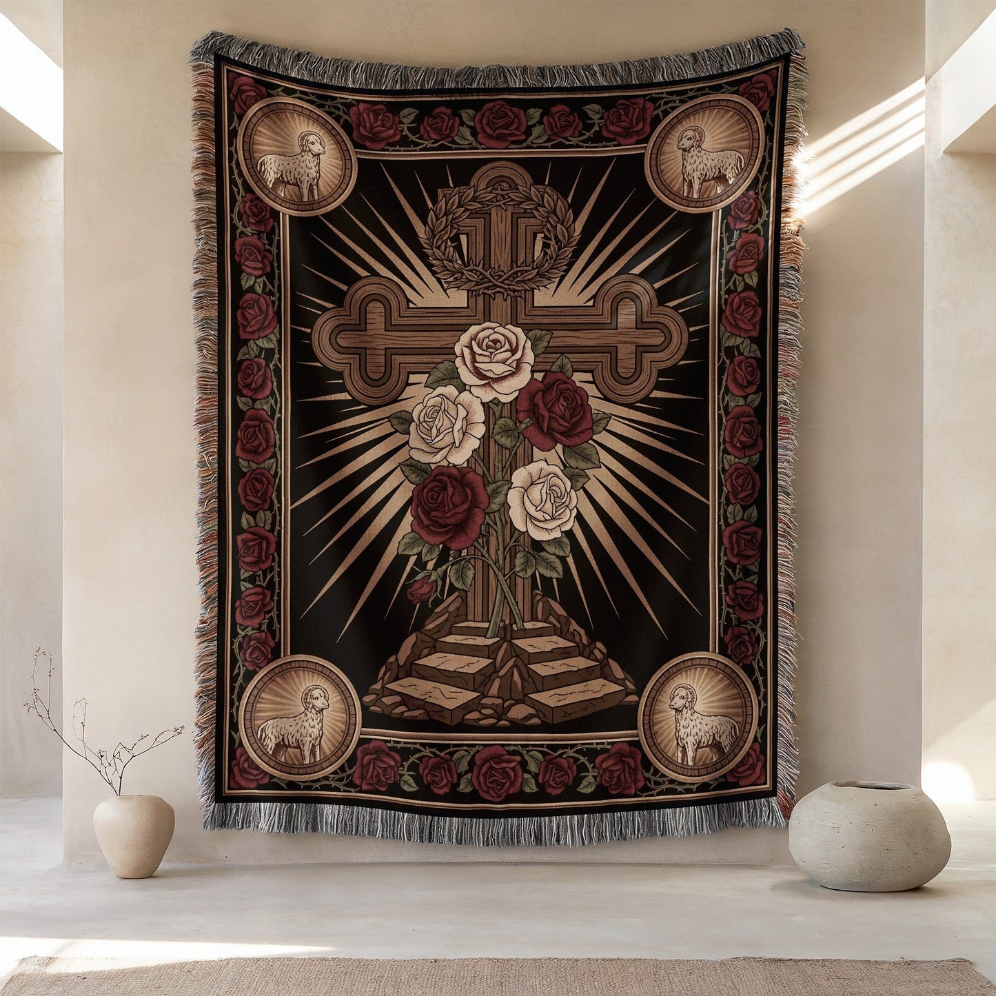 Ornate Tapestry with Cross and Roses Design Wall Decor