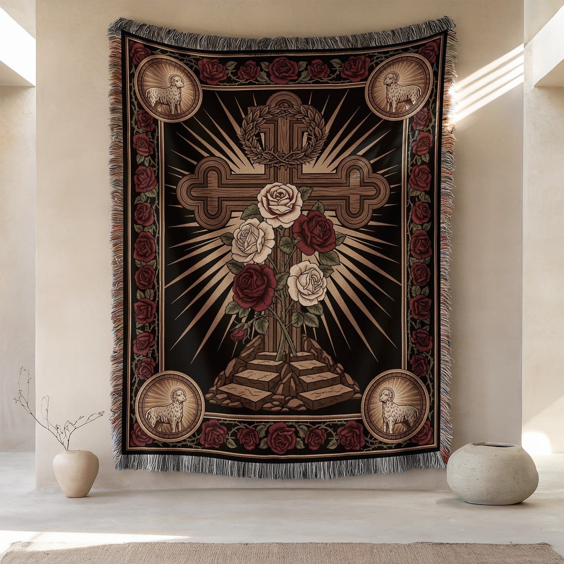 Ornate Tapestry with Cross and Roses Design Wall Decor