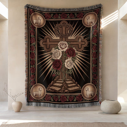 Ornate Tapestry with Cross and Roses Design Wall Decor