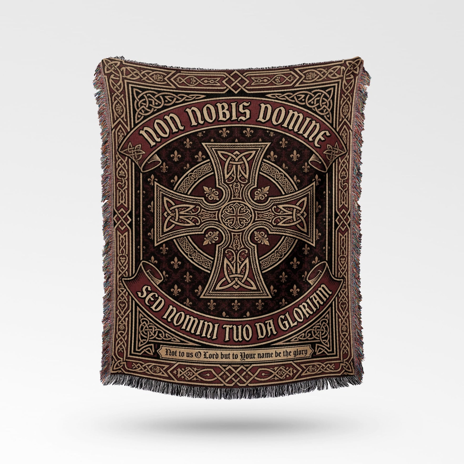Tapestry blanket with a Celtic cross and Latin inscription "Non Nobis Domine Sed Nomini Tuo Da Gloriam".