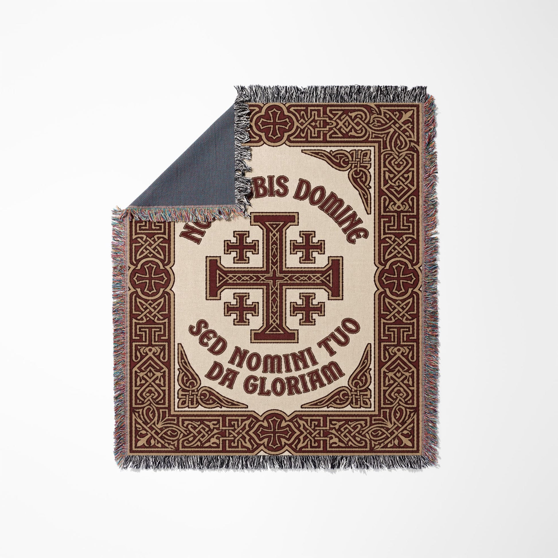 Blanket with a cross and Latin text "IN DOMINE SED HOMINI TUO DA GLORIAM".