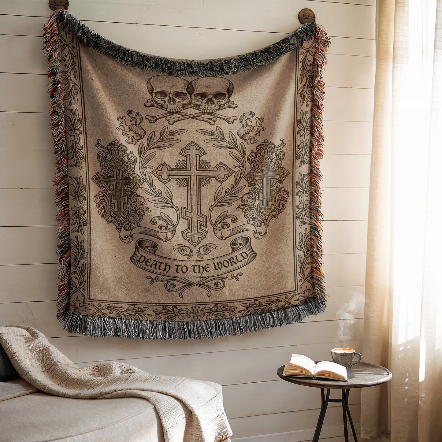 Death to the World Skull and Cross Design Wall Tapestry