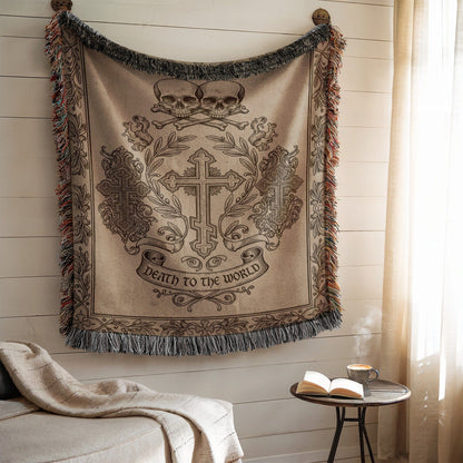 Death to the World Skull and Cross Design Wall Tapestry