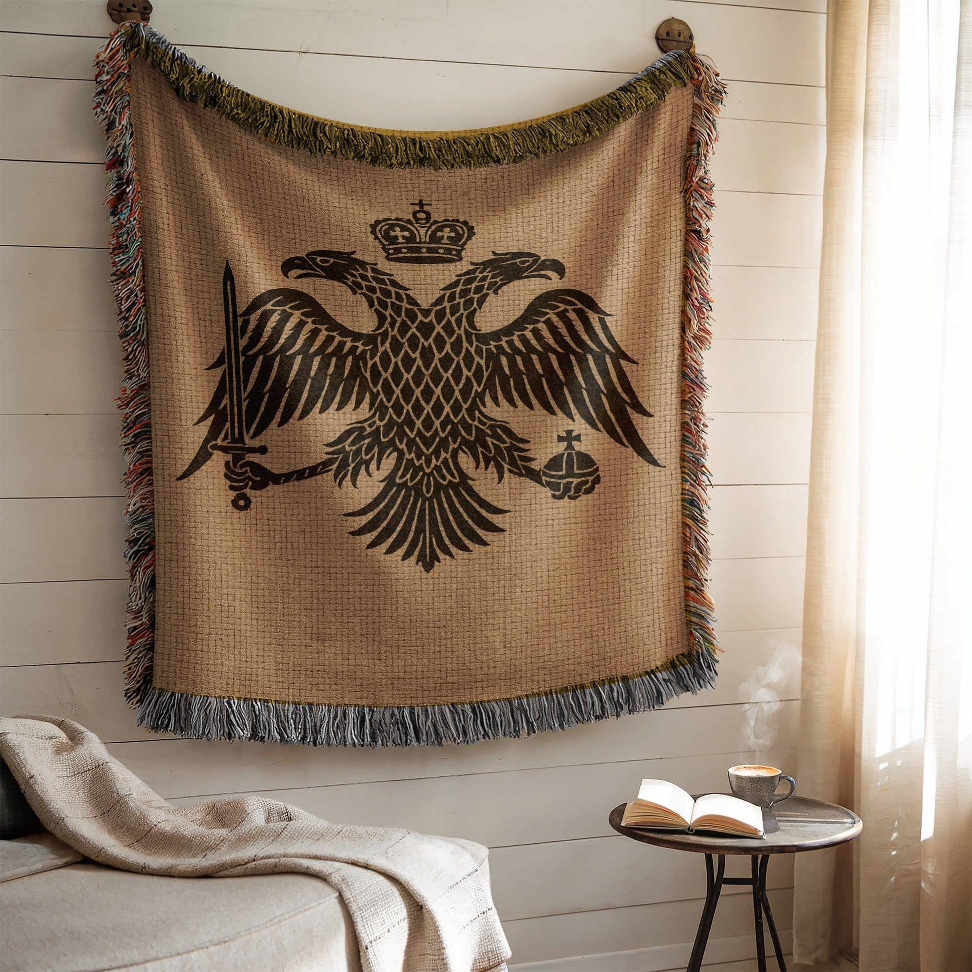 Double-Headed Eagle Design Blanket With Fringed Edges