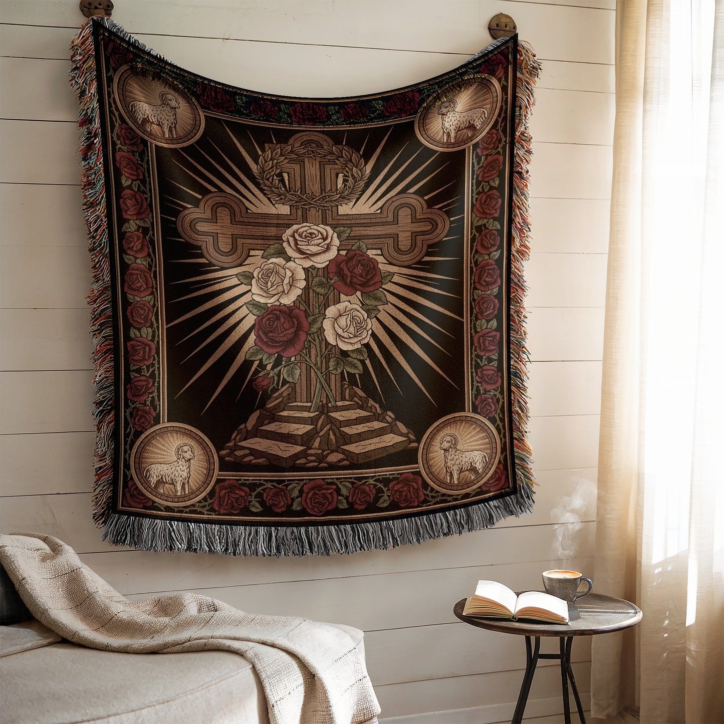 Religious Cross Tapestry with Roses and Lambs Decor