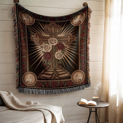 Religious Cross Tapestry with Roses and Lambs Decor