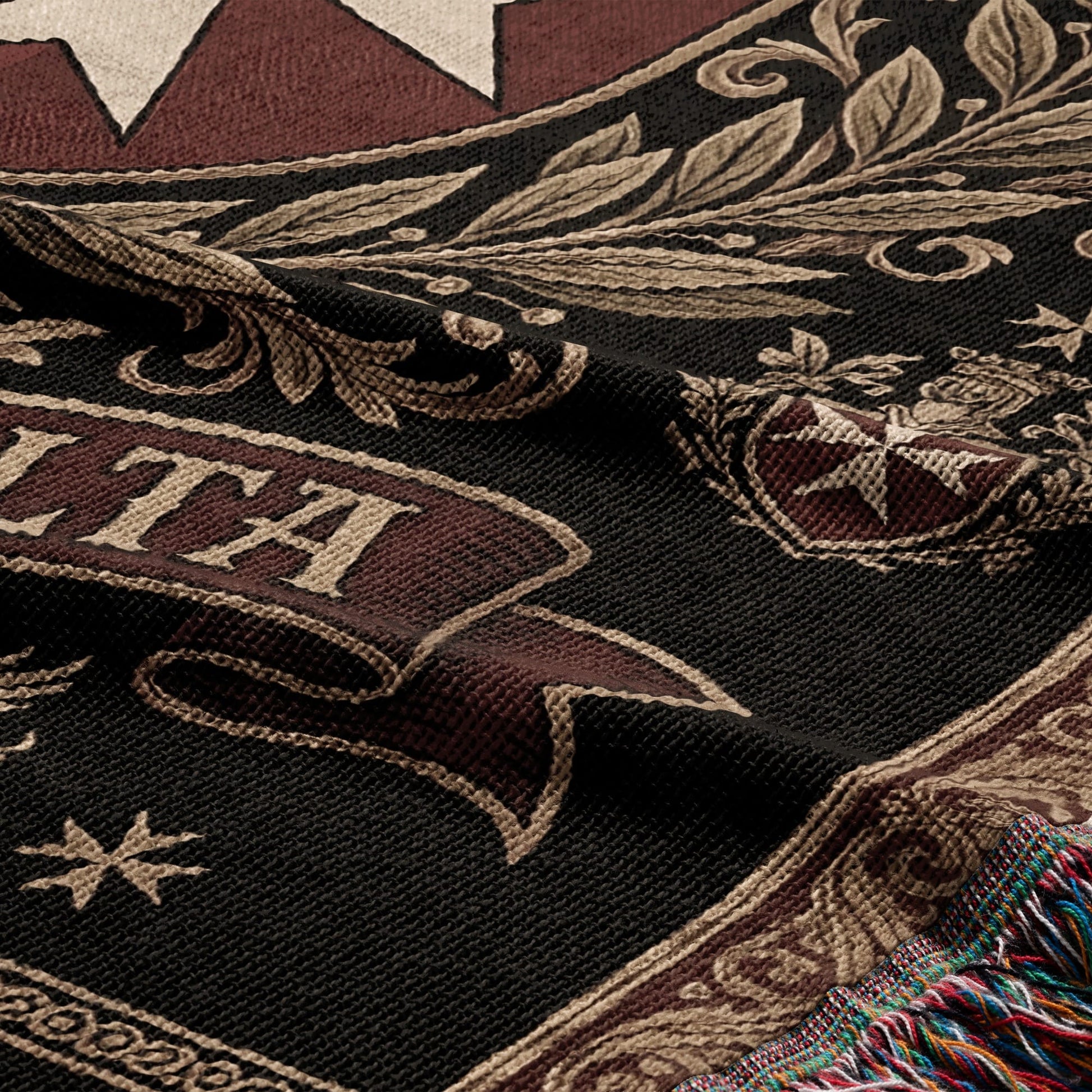 Black tapestry with ornate gold and maroon designs, including the word "ALTA".