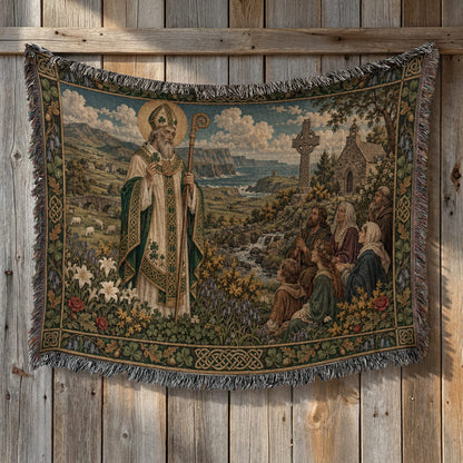 A woven tapestry hanging on a wooden wall depicts Saint Patrick addressing a group of people.