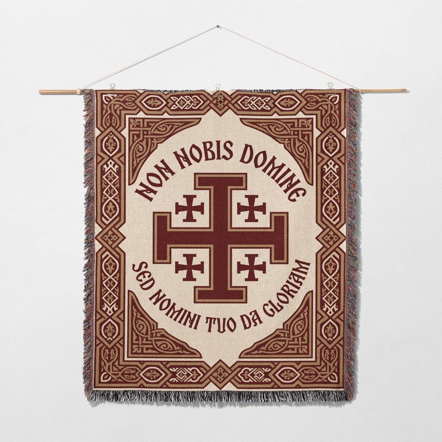 Tapestry with cross emblem and Latin text "NON NOBIS DOMINE SED NOMINI TUO DA GLORIAM".