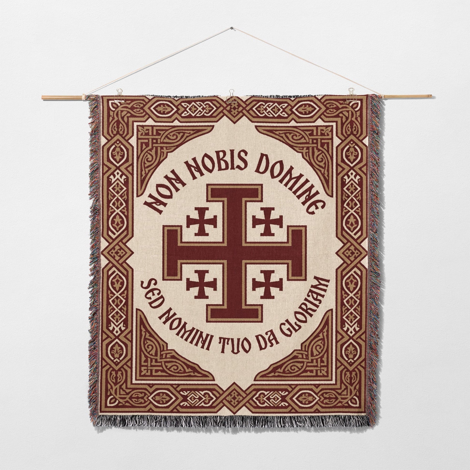 Tapestry with cross emblem and Latin text "NON NOBIS DOMINE SED NOMINI TUO DA GLORIAM".