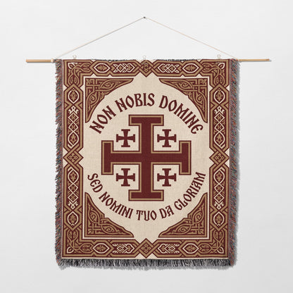 Tapestry with cross emblem and Latin text "NON NOBIS DOMINE SED NOMINI TUO DA GLORIAM".