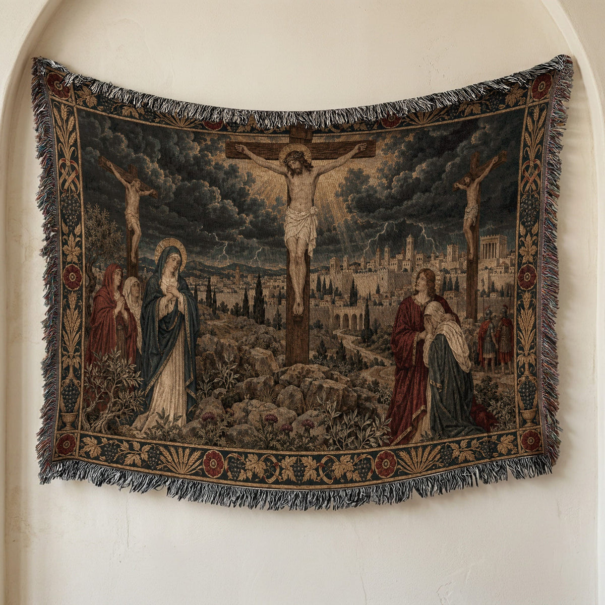 CalmNestStyle Crucifixion at Calvary jacquard woven blanket